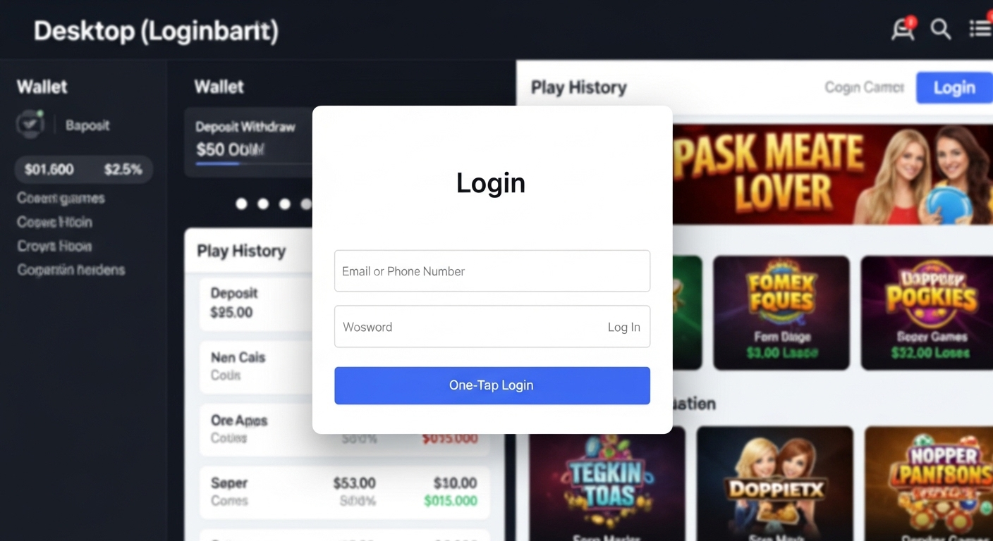 User logging in with email/phone, dashboard visible on mobile &amp desktop showing wallet and history.